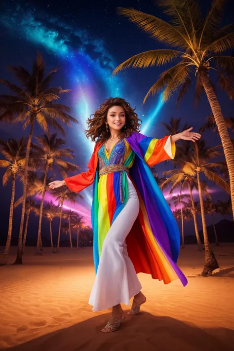 ultra detailed, sharp focus, best quality, masterpiece, colorful, 1 young woman, wearing a long multicolored cloth, technicolor dreamcoat, long flowing brown hair, desert background, palm trees, night-time, (disco lights), dancing, best quality, masterpiec...