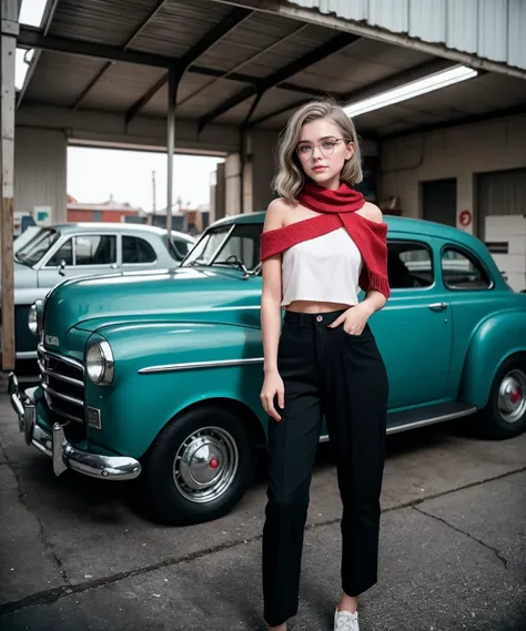 1950s Garage  (style)  photo of fit, thin  21 year old   jp-Mishav2-3050 ,Short curly bob, vintage cat-eye glasses, Capri pants, off-shoulder top, scarf, Retro garage, hot rod, mechanics tools, Olympus OM-D E-M10 Mark IV, 28mm f/2, 1/50s, ISO 280, Agfa Vis...