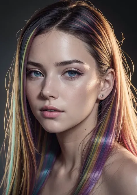 a woman with colorful hair and blue eyes posing for a picture