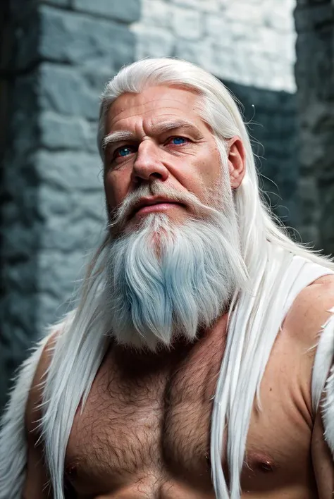 Old god in heaven, white beard, white hair, body , dress warrior white,  realistic , best quality, detailed eyes blue, cute,natural lighting, depth of field, film grain, wrinkled skin, sharp,