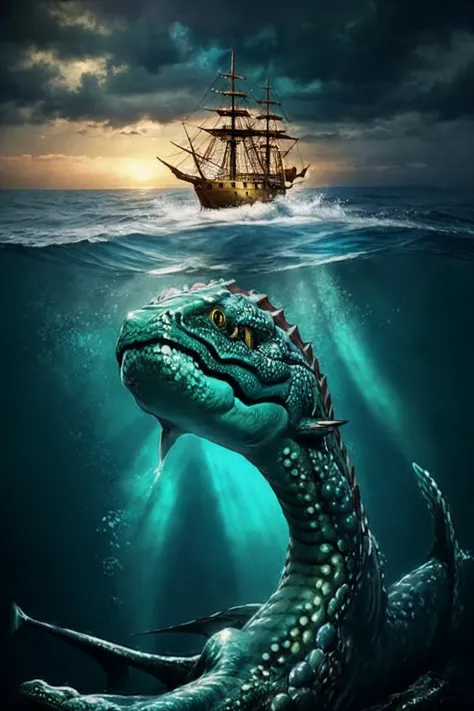 a stunning photo with beautiful saturation, ultra high resolution,(realistic:1.3), deep shadow, (best quality, masterpiece), dimly lit, shade, highly detailed, <lora:SeaMonster-v1.0:0.7>, undersea, sea monster, boat, (masterpiece,best quality:1.3)