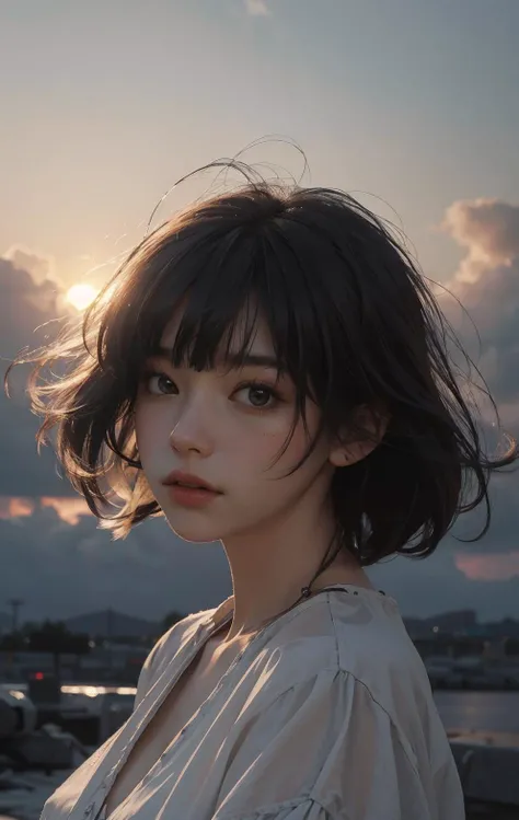 best quality, masterpiece, ultra high res, (photorealistic:1.4), raw photo, 1girl, , portrait of a girl, (face:1.2), floting hair, (wind:1.2), cloud, setting sun, cinematic light, bangs,cumulonimbus,<lora:nightPhotoFlash_nightphotov1:1>