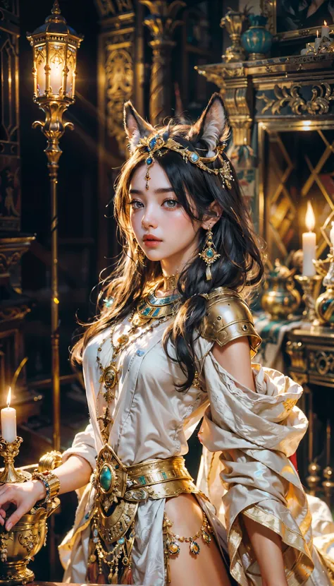 ((best quality)), ((masterpiece)), ((realistic)), ((18-year-old girl in an Anubis outfit in a desert tomb)), 1Girl, 18 years old, white shirt, gold ornament, full body, Small breast, Cat ears, Hair ornament, Flowing hair, Earings, jewelry, Neckles, Ruby, B...