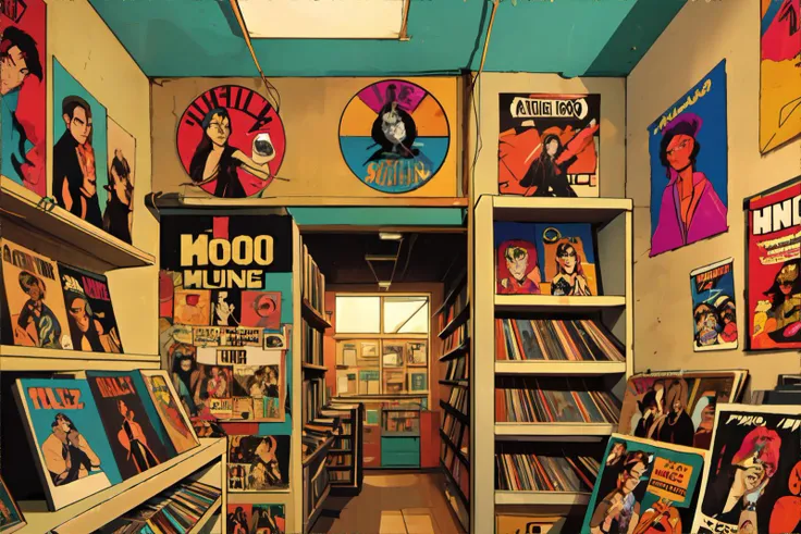 90s record store, shelves of vinyl records and CDs, walls covered with band posters, listening station with headphones, the smell of old paper and plastic,