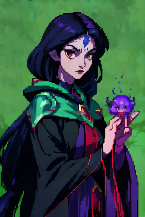 <lora:pixel:0.8> demon woman, wearing Sorceress-inspired velvet capes with hood, (phantom, garnet, spring green palette), masterpiece, 8k, high resolution, shallow depth of field, sharp focus