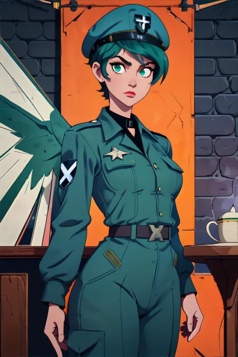 a close up of a person in uniform standing near a table