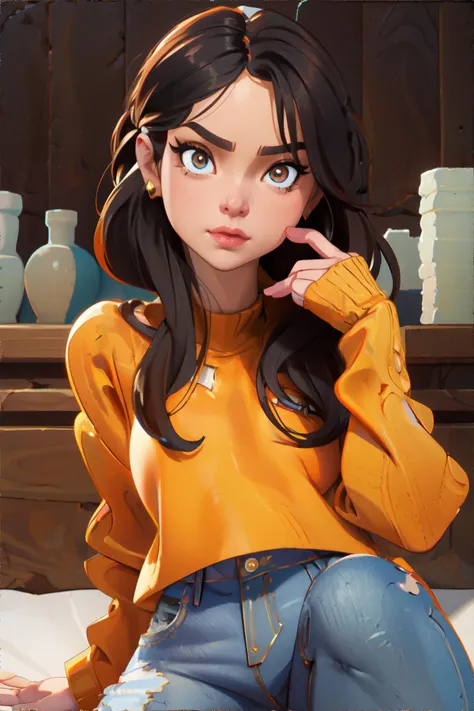 a cartoon girl sitting on a bed with a yellow sweater