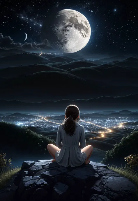 girl sitting on a small hill looking at night sky, fflix_dmatter, back view, distant exploding moon, nights darkness, intricate circuits and sensors, photographic realism style, detailed textures, peacefulness, mysterious.