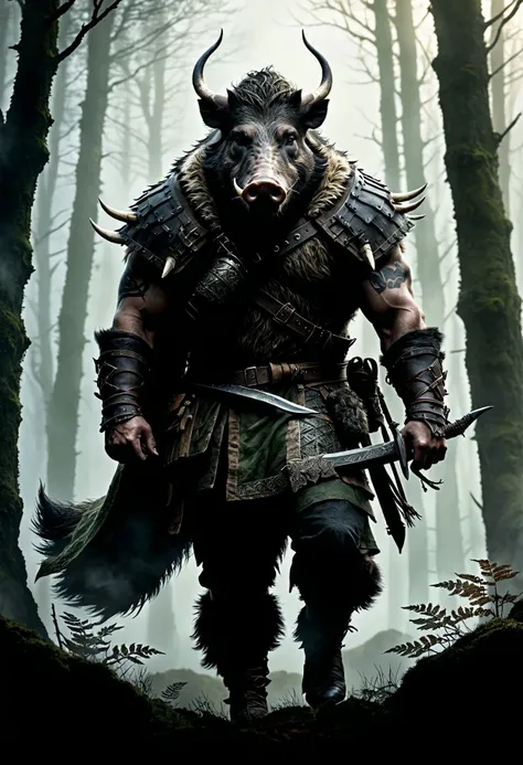 Hunter boar, blending medieval saga, highlight rugged attire, fierce gaze, wild boars tusks, mix with atmospheric detail misty breath, dawns first light at dense woodland, end with an epic tone, in the style of Beowulf.