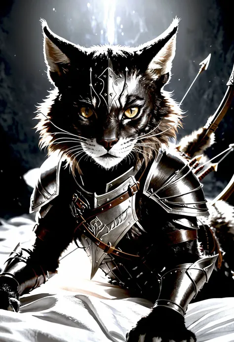 Tabaxi rogue from Dungeons and Dragons, dark fur shimmering in dim light, wornout leather armor bearing battle marks, muscular form, wields bow with arrows in quiver, lying on white sheet, sharp intelligent eyes, twilight setting, focus on fur, armor, bow ...