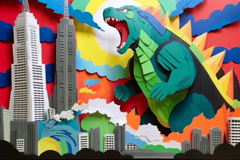 <lora:sdxl-PaperCutouts-Dreambooh:1> PaperCutout style <lora:rainow_sdxl_ukjstyle_v111602:1> ukj style, godzilla destroying tokyo spitting rainbow from mouth, highrises, (masterpiece:1.2), best quality