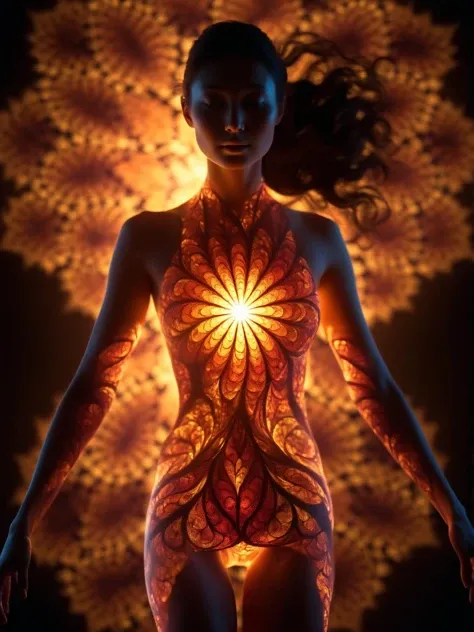 woman with glowing translucent fractal skin, full body, swirling organic patterns, vibrant, ultra hd, vivid colors, perfect composition, soft natural volumetric cinematic lighting, amazing shadows, black silhouette, volumetric light, 
