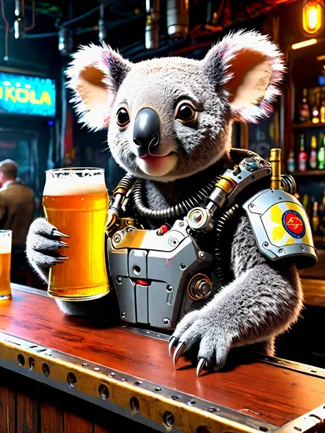 cyborg koala drinking a beer in a dystopian cyberpunk bar, motors, servos, pistons, actuators, gears, mechanical