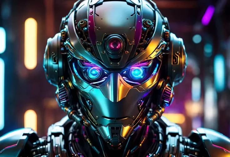 intricate cyberpunk robot,cyborg,colored light ball,glass metal helmet,glowing eyes,mechanical mask,exquisite face details,unreal abstract glare blur background,dark fantasy,dynamic lighting,halo,