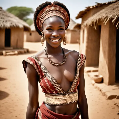 cinematic film still 

Full body shot,photo of a 19 year old west african woman, outside local village,fully dressed in traditional clothes,highly detailed skin with hair,  perfectsmile smile,fit,abs,bright light,hard shadows

, shallow depth of field, vig...