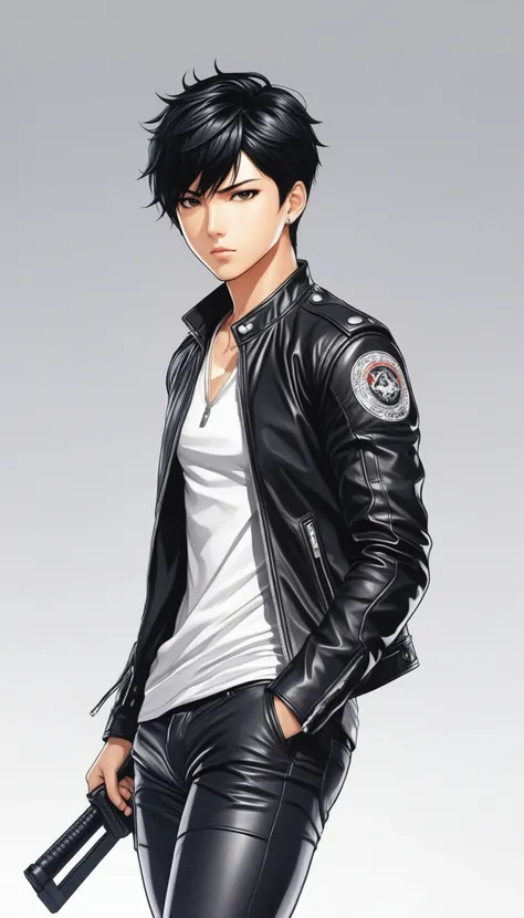 1boy, black hair, white background, short cut hair, leather jacket, tshirt, upper body, detailed shape, detailed line, art of fighting attitude, color manga style