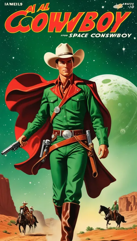 a cover for a comic book, a comic book cover about all space cowboy, 1 cowboy wearing a hat in the style of amazing stories, 1940s 1950s, red and green, comic art, realistic genre scenes, romanticized realism dynamic