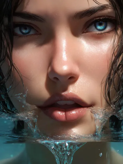 detailed face, lips, clothed eyes, clothed mouth, glowing water, particles, nipples, nsfw, closeup, disheveled hair, focused expression