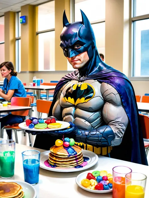 Batman, a superhero with brown hair, sitting at a table in a hospital cafeteria, enjoying a stack of colorful pancakes. The scene is painted in watercolors by an imaginative 5-year-old artist, adding whimsical details and vibrant hues to the image.