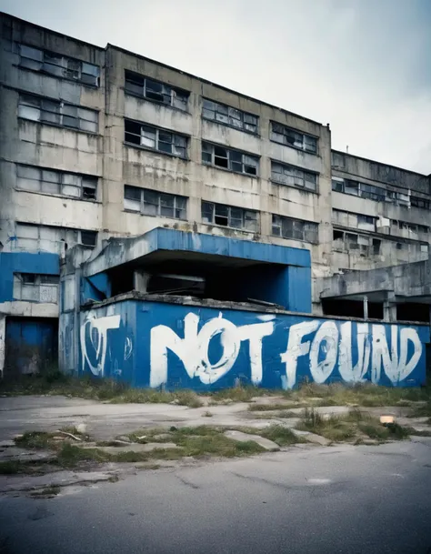 brutal architecture, spectacular derelict graffiti saying: "NOT FOUND", low-key analog photography, blue and white tones