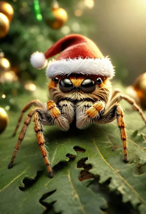 a close up of a spider wearing a santa hat on a leaf