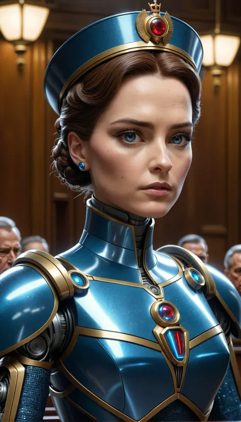 photorealistic, high detail,fantastic, intricate details, amazing textures:Voice of Predestination  In the queens courtroom there is an oppressive silence, broken only by the crackling of the formula.  Behind the scientist, holograms flickered - reflection...