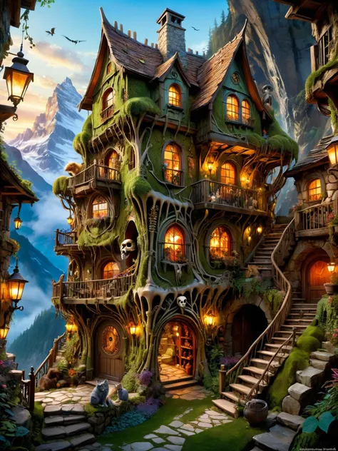 A fantastical house nestled on a rugged mountain side, boasting mismatched rickety architecture. Multiple floors cascade down the slope, each adorned with quirky decorations and intricate carvings. The exterior is bathed in an ethereal glow, as if illumina...