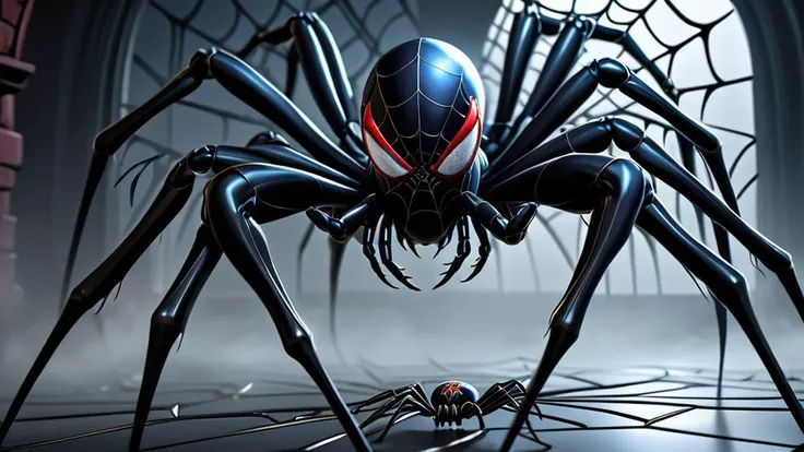 The evil knight of the supervillain in the stylization of a spider. Black gloomy shades. Behind the paws of a spider like Dr. Octavius and Spider-Man. Gloomy atmosphere, stunning digital render, ultra-detailed, 8K resolution, featured on art station, dynam...