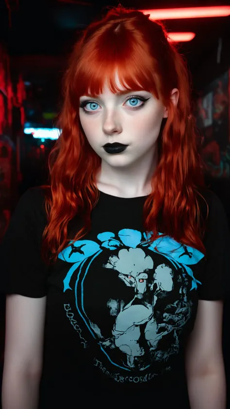 Photograph of a cute Irish goth woman, 20 y.o, (she is looking at the camera:1.4), wide-eyed, very long thick red hair with bangs, pale blue eyes, black lipstick, thick wing eyeliner, a cute black t-shirt, jeans, in a red neon-lit nightclub, photography, O...