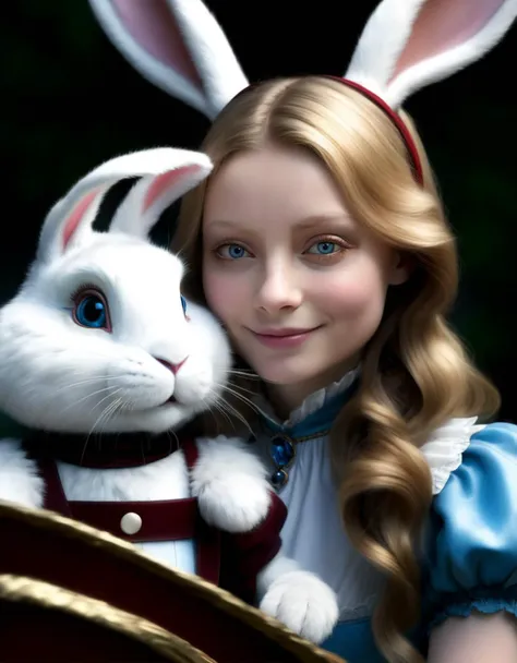 comic (full shot:1.5), a character from Lewis Carrolls book Alice in Wonderland. 1Mia Wasikowska as Alice Kingsleigh, 1White Rabbit. Hyperdetailed, analog style, detailed skin, matte skin, smiling eyes, soft lighting, subsurface scattering, realistic, heav...