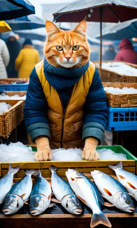 there is a cat that is standing behind a box of fish