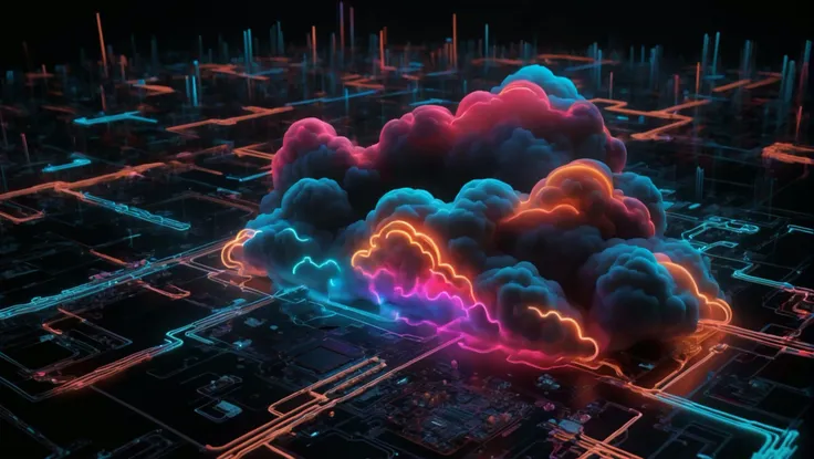 a neon image, cloud computer controlled by AI, uhd, Midjourney