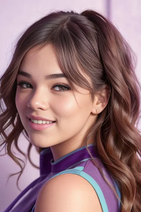 , photo of a HaileeSteinfeld1, portrait, purple, hair, (studio wall), smile, detailed face, intricate, elegant, sharp focus, photo by, soft lighting, vibrant colors, masterpiece, detailed face, beautiful ,