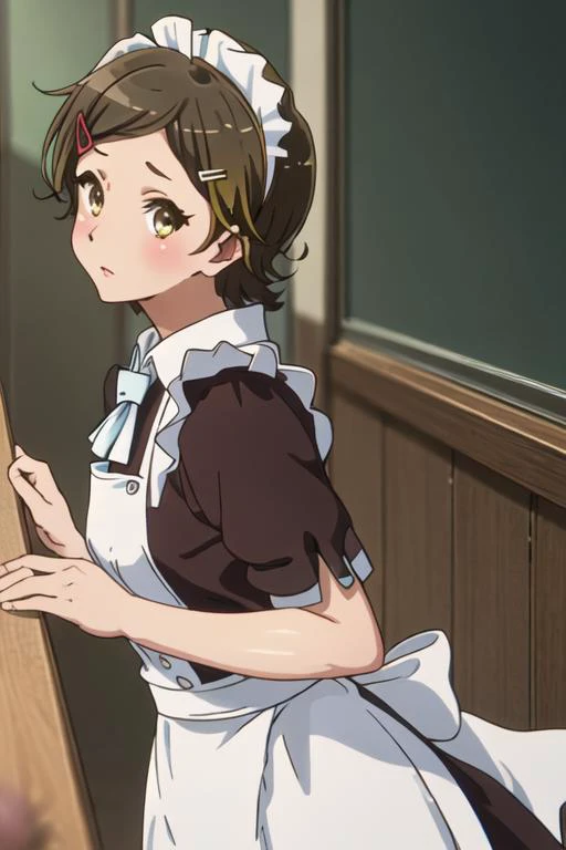 best quality, masterpiece, highres, solo, {maid:1.40}, {long maid dress:1.15}, {katou_hazuki_soundeuphonium:1.15}, short_hair, brown_hair, hair_ornament, hairclip, blush, brown_eyes, serafuku