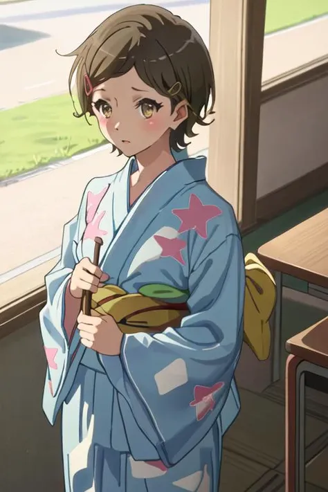 best quality, masterpiece, highres, solo, {yukata:1.40}, {kimono:1.20}, {katou_hazuki_soundeuphonium:1.15}, short_hair, brown_hair, hair_ornament, hairclip, blush, brown_eyes, serafuku