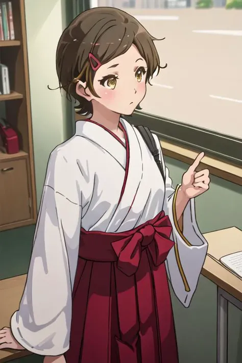 best quality, masterpiece, highres, solo, {white kimono:1.35}, {red hakama:1.35}, {wide sleeves:1.20}, {katou_hazuki_soundeuphonium:1.15}, short_hair, brown_hair, hair_ornament, hairclip, blush, brown_eyes, serafuku