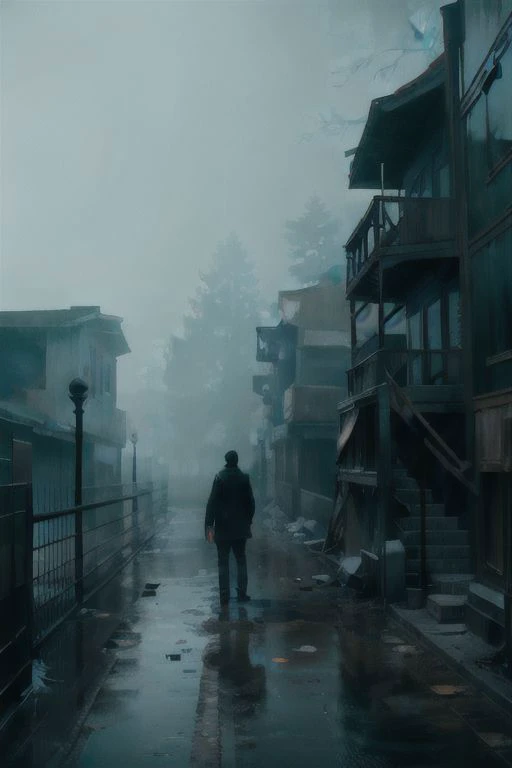 there is a man walking down a street in the rain