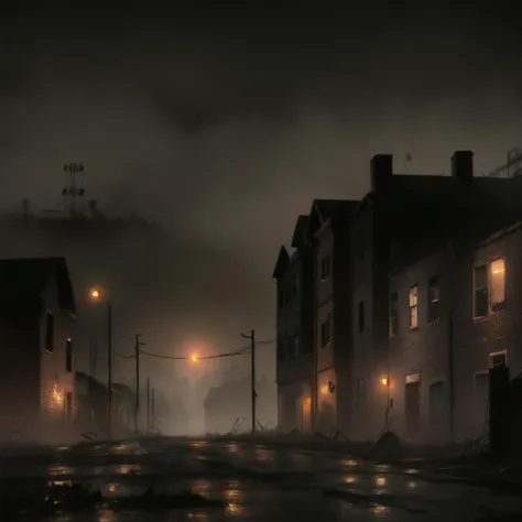 a dark street with a light on and buildings in the background