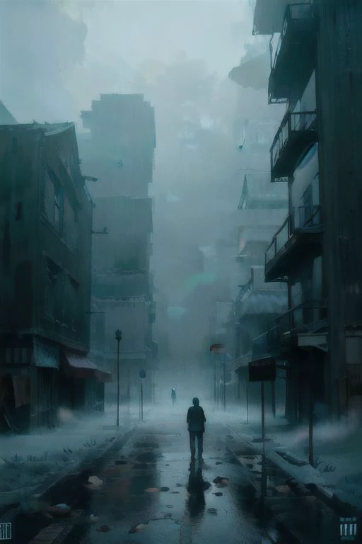 a man walking down a street in the rain in a city