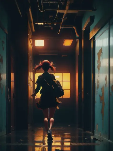 a woman running down a hallway in a dark room