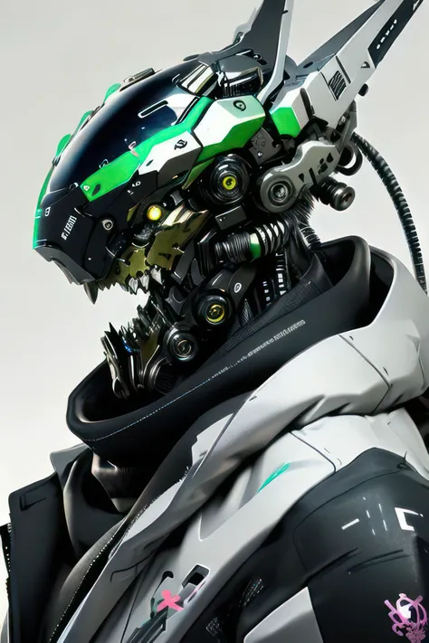 a close up of a robot with a helmet on and a green and white helmet