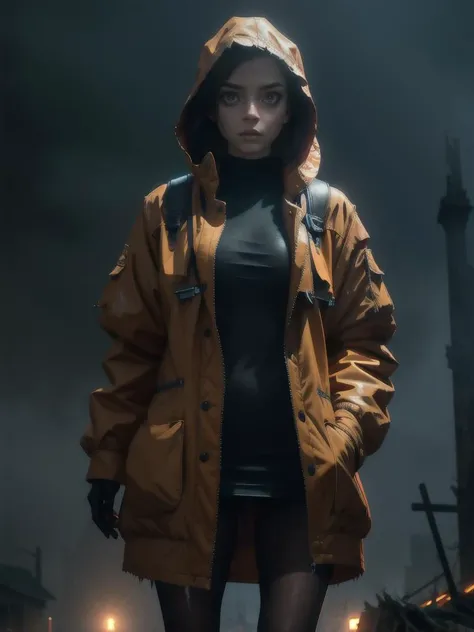 realistic,masterpiece,high details,8K,night,girl standing in front of a decayed church,thick fog,streed covered with ash,cinematic shot,raytracing,