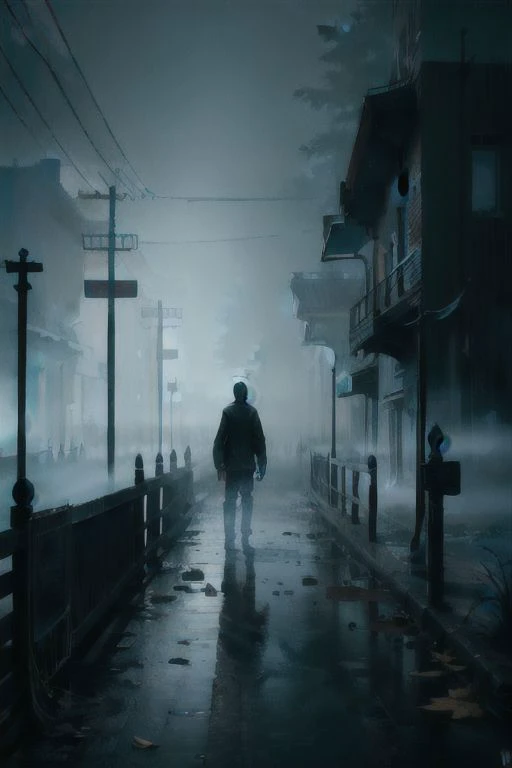 arafed man walking down a street in the fog at night