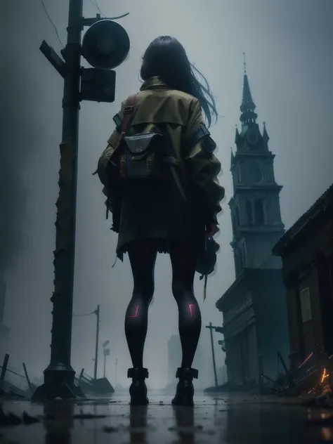 realistic,masterpiece,high details,8K,night,from behind,girl standing in front of a decayed church,thick fog,ash raining down,street covered with ash,cinematic shot,raytracing,