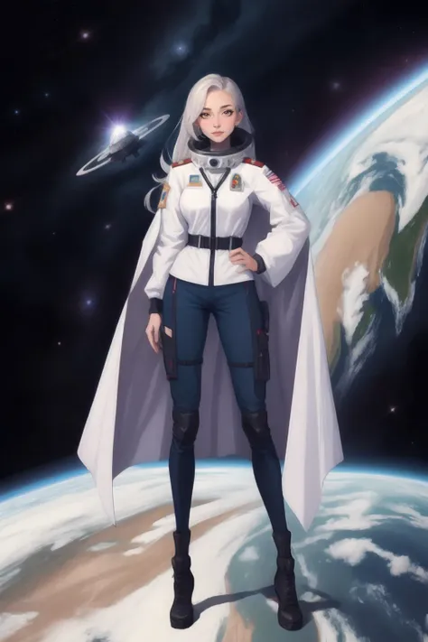 a woman in a space suit standing in front of a planet