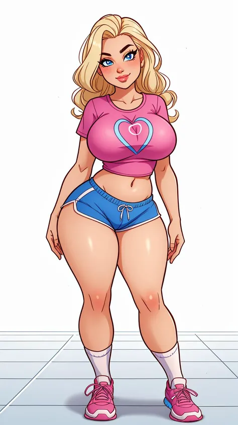 high detailed, masterpiece <lora:p3r3zstyle_v3:0.8> full body image of 1girl cartoon character, posing sexy, subtle smile, pouting, full lips, blonde hair, wavy hair, blue eyes, perfect hands, big breast, wide hips, thick thighs, pink tshirt, crop top, blu...