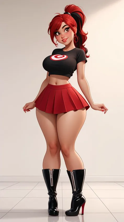 high detailed, masterpiece <lora:p3r3zstyle_v3:0.8> full body image of 1girl cartoon character, posing sexy, subtle smile, pouting, full lips, red hair, ponytail, brown eyes, perfect hands, big breast, wide hips, thick thighs, black tshirt, crop top, red s...