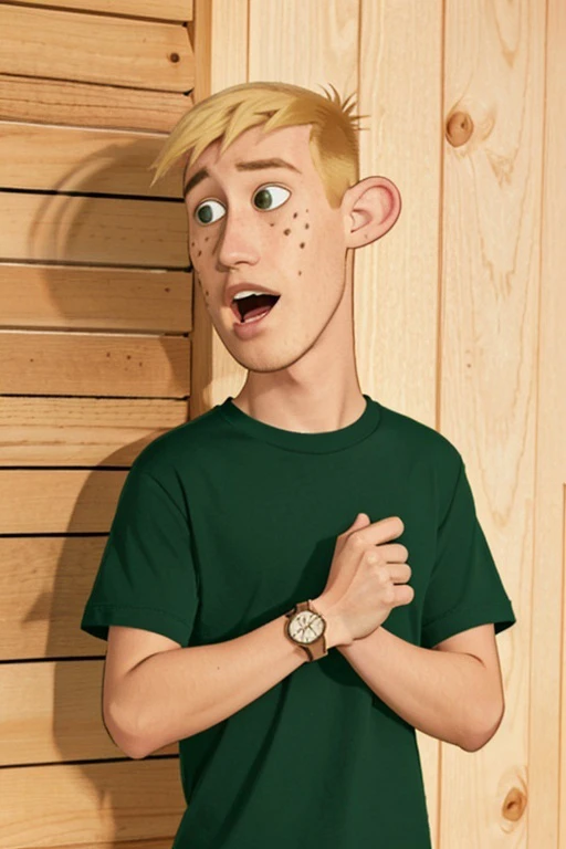 kim possible style, masterpiece, best quality, solo, blonde hair, 1boy, male focus, parody, shirt, wristwatch, watch, brown eyes, upper body, open mouth, style parody, wooden wall, freckles, indoors, green shirt, <lora:kim_possible_offset:1>