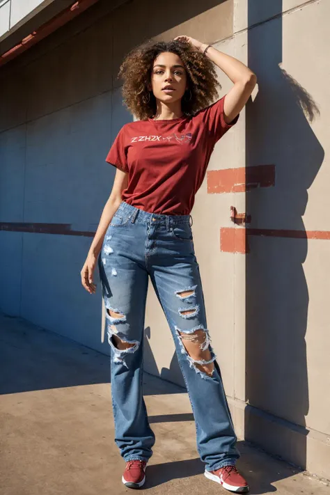 <lora:zxbjns_v2:1> (zxbjns:1.5), masterpiece, best cinematic quality, photorealistic highly detailed 8k raw photo, volumetric lighting, volumetric shadows, woman in jeans, Medium Dark Red shirt, full body view, hair spread out , prison background