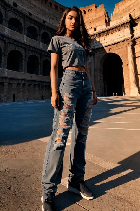 <lora:zxbjns_v2:1> zxbjns, masterpiece, best cinematic quality, photorealistic highly detailed 8k raw photo, volumetric lighting, volumetric shadows, beautiful woman in jeans, Charcoal Gray shirt, colosseum background